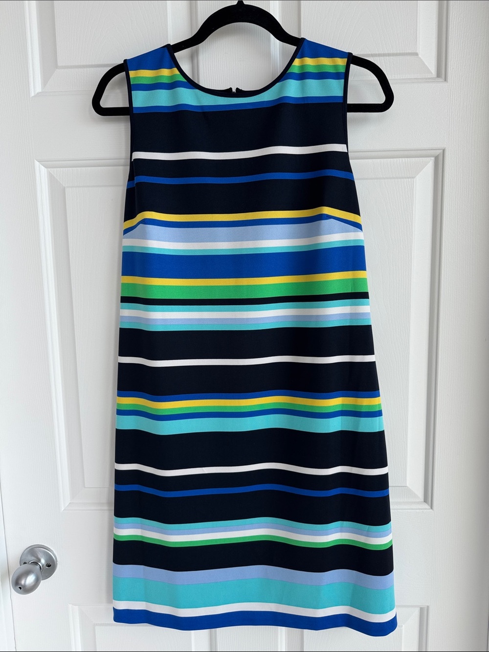 Maggy London Striped Navy, Blue & Green Sleeveless Shift Dress
